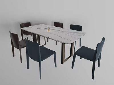 Modern Dining Table Set With White Marble Top And Six Dark Chairs 3d model