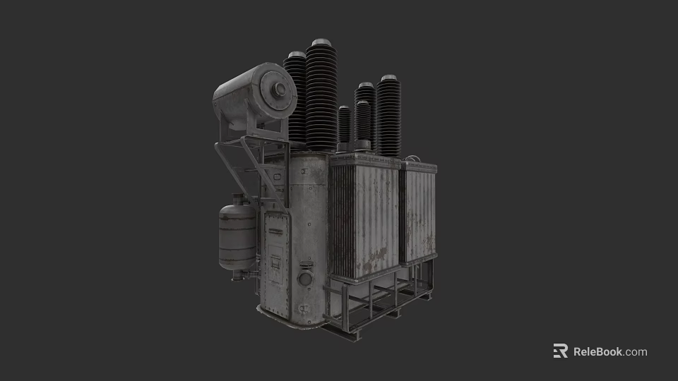 Industrial Power Transformer with Metal Casing Cooling Fins and Insulator Bushings 3d model 