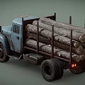 Old Blue Truck Loaded With Stacked Wood Logs For Building Materials