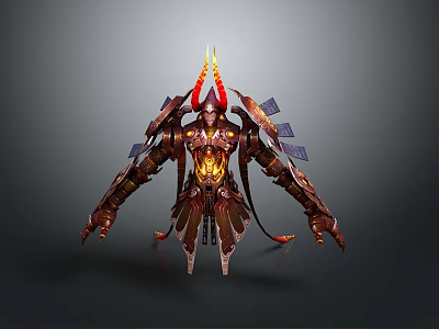 Decorative Mechanical Ornament With Red Gold Design Horned Structure And Glowing Core 3d model