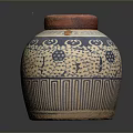 Traditional Ceramic Jar With Red Wooden Lid And Blue White Floral Patterns
