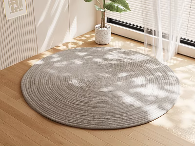 Round Braided Rug in Cozy Living Room with Plant 3d model