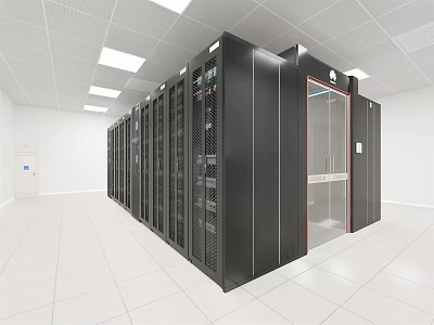 Modern Data Center Interior With Black Server Racks And White Flooring 3d model