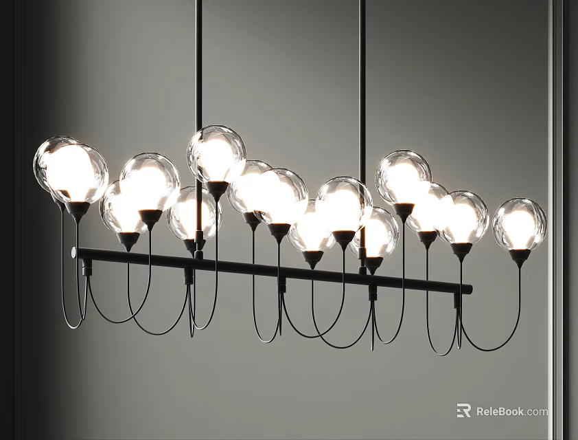 Contemporary Chandelier With Multiple Clear Glass Bulbs On Black Horizontal Bar 3d model 