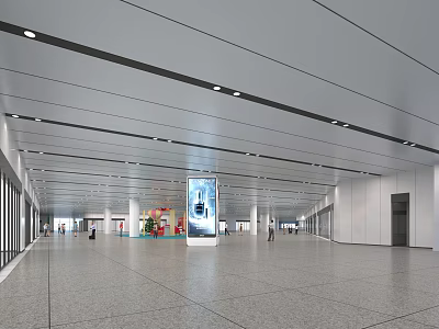 Spacious Airport Interior Design With Ceiling Lights Billboard And Pedestrians 3d model