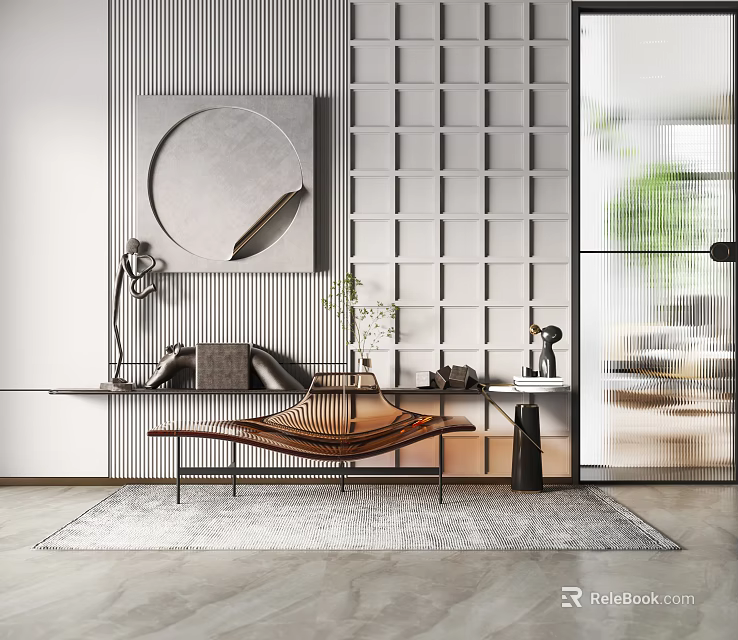 Modern Leisure Chair In Minimalist Interior With Grid Wall Round Mirror And Wooden Frame 3d model 