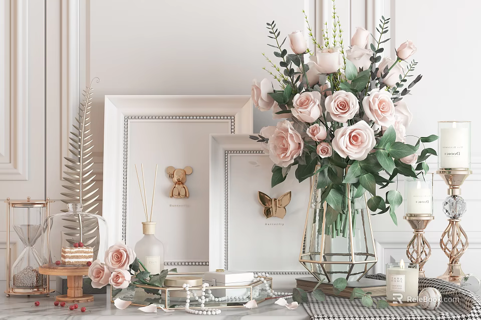 Elegant Decorative Ornament Set With Pink Roses Metal Vase White Frames Bear Figurine And Candles 3d model 