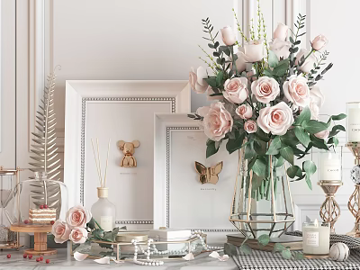 Elegant Decorative Ornament Set With Pink Roses Metal Vase White Frames Bear Figurine And Candles 3d model