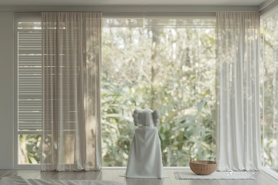 White Sheer Window Curtains With Natural Greenery View And Decorative Accents 3d model 