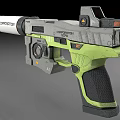 Futuristic Corporation Pistol With Gray Green Black Finish Targeting Scope And Sleek Sci Fi Design