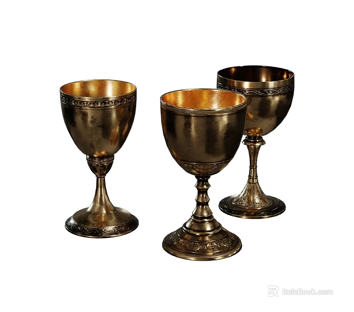 Three Golden Trophy Chalices with Decorative Bases and Intricate Engravings 3d model 