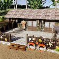 Tropical Beach Hut With Thatched Roof Palm Trees And Waterfront View