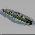 Green Military Warship Sailing on Blue Ocean Waves with Multiple Turrets and Upper Structures