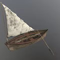 Weathered Wooden Sailboat With White Sail And Paddle Isolated On Gray Background