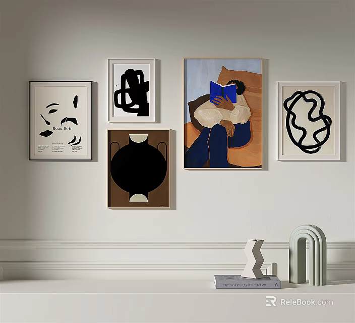 Modern Interior Wall Display With Artwork Abstract Paintings And Decorative Sculptures 3d model