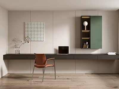 Modern Dark Desk Interior With Orange Chair Laptop Vase Green Cabinet And Wall Art 3d model