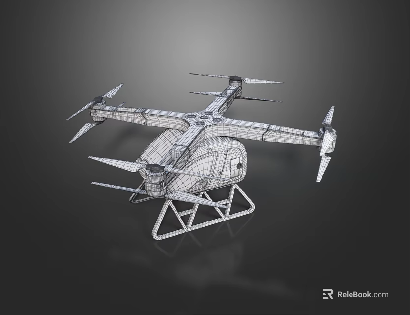 Smart Machine Drone 3D Model With Wireframe Structure Multiple Rotors And Stand 3d model 