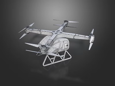 Smart Machine Drone 3D Model With Wireframe Structure Multiple Rotors And Stand 3d model