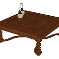Dark Wooden Coffee Table With Geometric Pattern Inlay And Carved Legs With Candle Holders