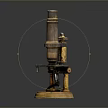 Vintage Brass Microscope With Wooden Base And Metal Structure Components