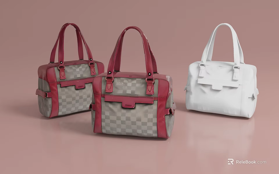 Stylish Structured Red Gray Checkerboard And White Handbags With Top Handles Design 3d model 