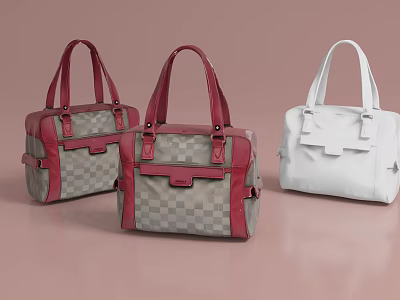 Stylish Structured Red Gray Checkerboard And White Handbags With Top Handles Design 3d model