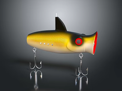 Yellow And Black Fishing Lure With Red Eye And Double Metal Hooks For Angling 3d model