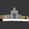 Stone Entrance Gate With Statue On Top And Brick Walls Surrounding Sand Base