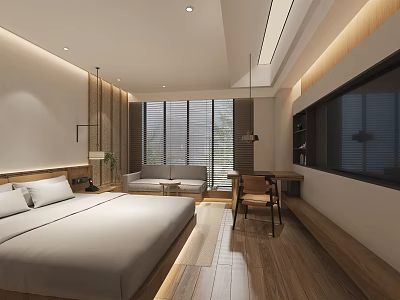 Modern Hotel Guest Room Interior With King Bed Wooden Floor Sofa And Window Blinds 3d model