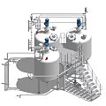 Industrial Equipment Featuring Stainless Steel Tanks With Blue Valves Pipes Metal Stairs And Platform