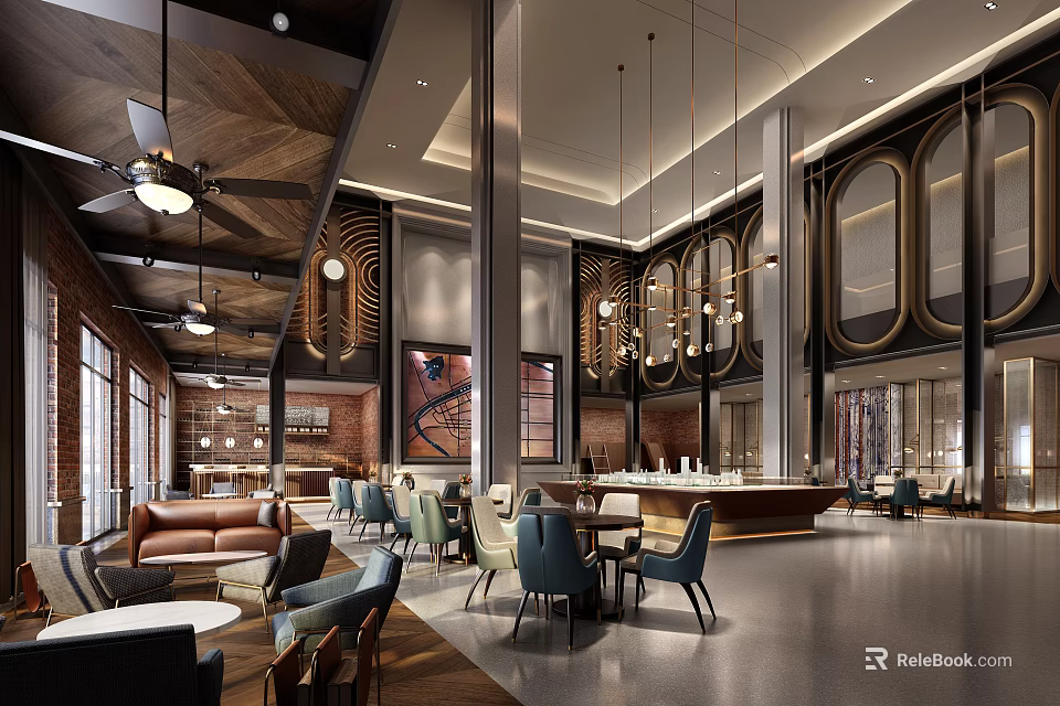 Modern Luxury Sales Office Interior With Pendant Lights Sofas Bar Counter Floor-to-ceiling Windows Wooden Decor 3d model 