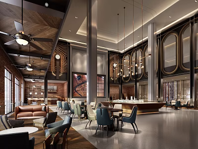 Modern Luxury Sales Office Interior With Pendant Lights Sofas Bar Counter Floor-to-ceiling Windows Wooden Decor 3d model