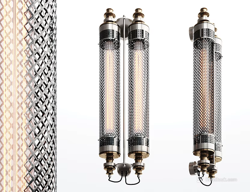 Industrial Style Wall Lamps with Metal Mesh Shades and Long Filament Bulbs 3d model 