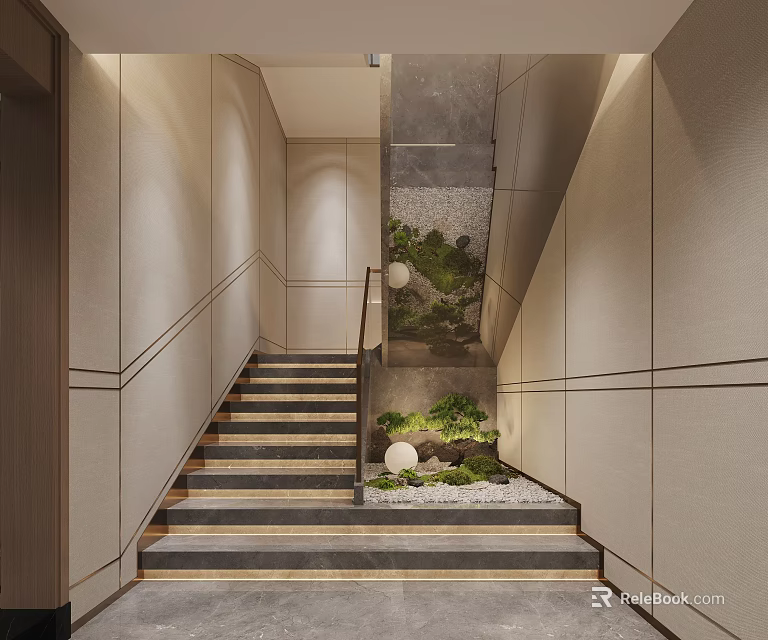 Modern Staircase Interior With Stone Wall Green Plants And Warm Lighting 3d model 