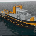 Wooden Boat With Yellow Crane And Wheelhouse Sailing On Open Sea