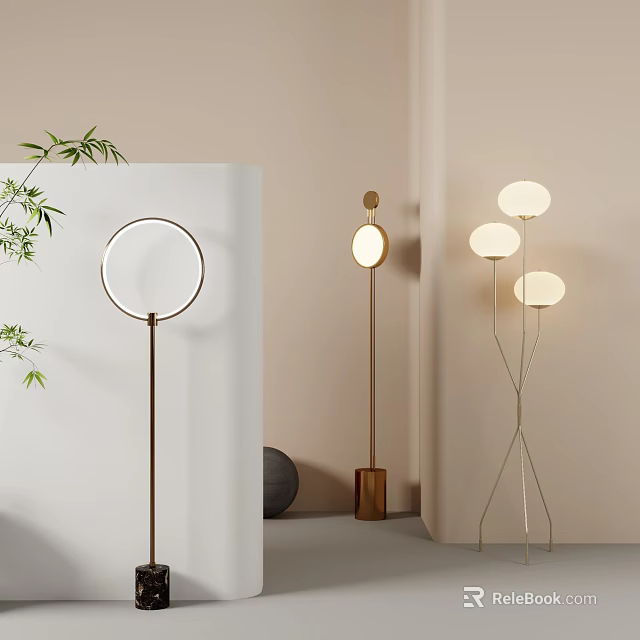 Contemporary Floor Lamp Designs with Circular Shades and Minimalist Metal Frames for Modern Living Room Decor 3d model 
