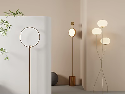 Contemporary Floor Lamp Designs with Circular Shades and Minimalist Metal Frames for Modern Living Room Decor 3d model