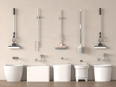 Wall Mounted Cleaning Tools With Mops Brooms And Below Different Styles White Toilets 3d model