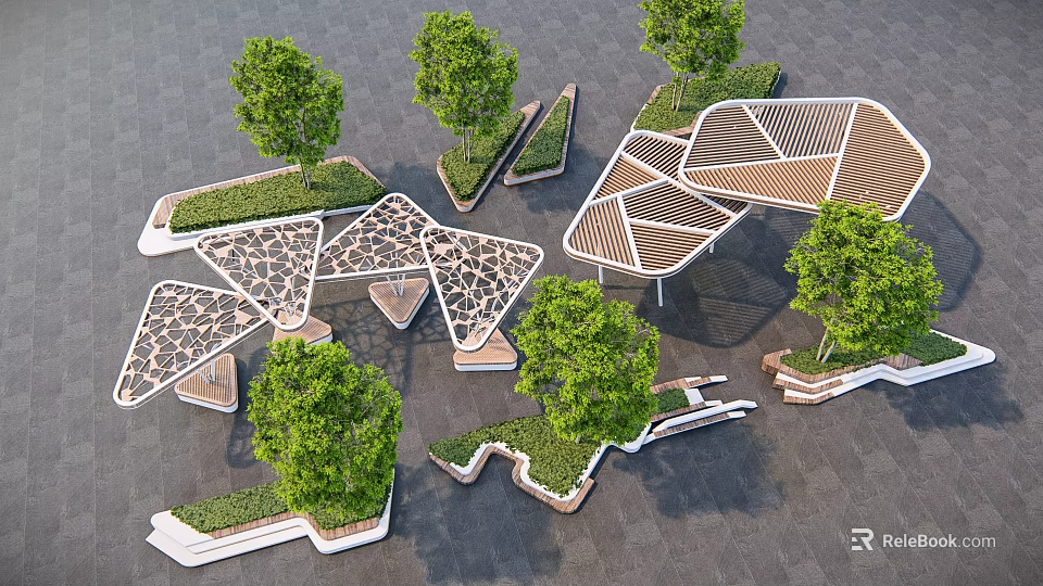 Modern Geometric Landscape Seats Design With Trees And Grass In Outdoor Space 3d model 