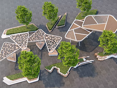 Modern Geometric Landscape Seats Design With Trees And Grass In Outdoor Space 3d model