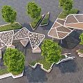 Modern Geometric Landscape Seats Design With Trees And Grass In Outdoor Space