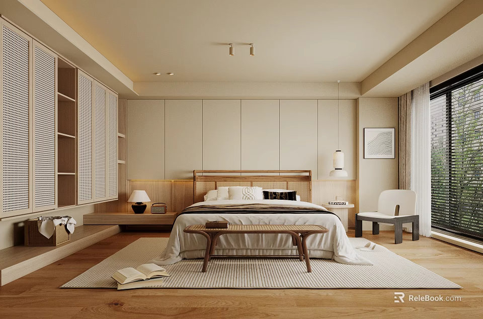Modern Minimalist Bedroom Interior Design With Wooden Headboard Bench Open Shelves Rug And Natural Light 3d model 