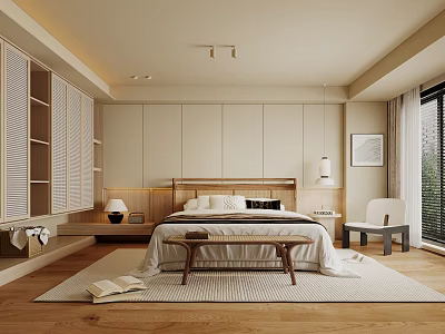 Modern Minimalist Bedroom Interior Design With Wooden Headboard Bench Open Shelves Rug And Natural Light 3d model
