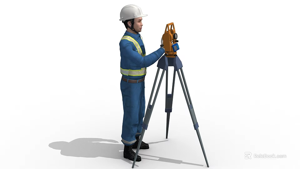 Man in White Hard Hat and Blue Work Uniform Operating Yellow Surveying Instrument on Tripod 3d model 