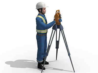 Man in White Hard Hat and Blue Work Uniform Operating Yellow Surveying Instrument on Tripod 3d model