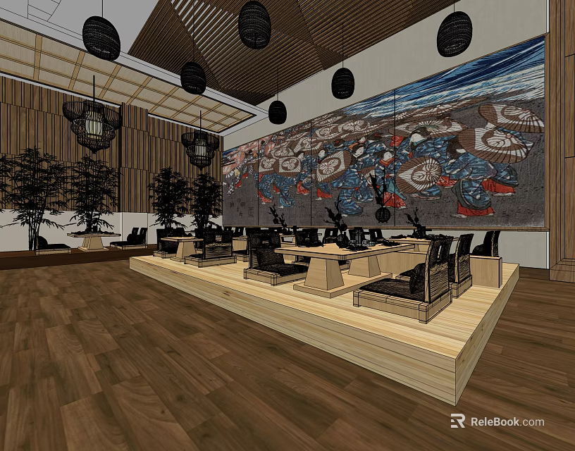 Elegant Restaurant Interior With Wooden Flooring Central Platform Large Mural Hanging Lanterns And Green Plants 3d model 