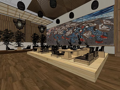 Elegant Restaurant Interior With Wooden Flooring Central Platform Large Mural Hanging Lanterns And Green Plants 3d model
