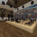 Elegant Restaurant Interior With Wooden Flooring Central Platform Large Mural Hanging Lanterns And Green Plants