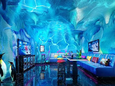 Stylish Ice Blue KTV Lounge With Ice Cave Design Blue Sofas TV Screens Penguin Decor 3d model