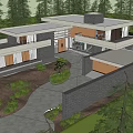 Modern House Park Landscape With Trees Lawn Stone Pathway Small Pond And Greenery